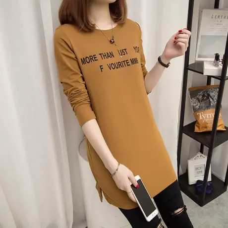 中长款t恤早春季长袖韩版宽松百搭上衣时尚2021新款打底衫女外穿商品大图