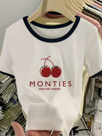 2023夏季新款印花仿棉短袖t恤女拼接宽松设计感小众打底上衣ins潮图片