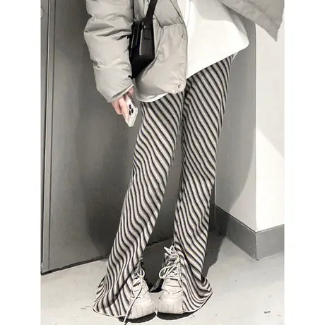 美式ins高街条纹直筒拖地长裤女春季高腰宽松百搭开叉阔腿喇叭裤图片