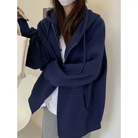 秋冬开衫女2023新款爆款加绒慵懒风卫衣女潮ins大码纯色外套上衣商品大图