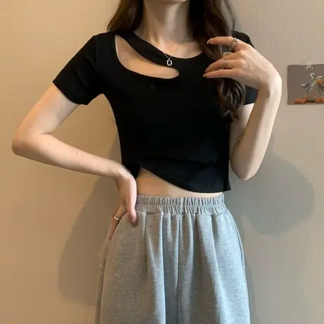 正肩短袖t恤女纯欲独特别致镂空锁骨小众设计感短款上衣半袖体恤商品大图