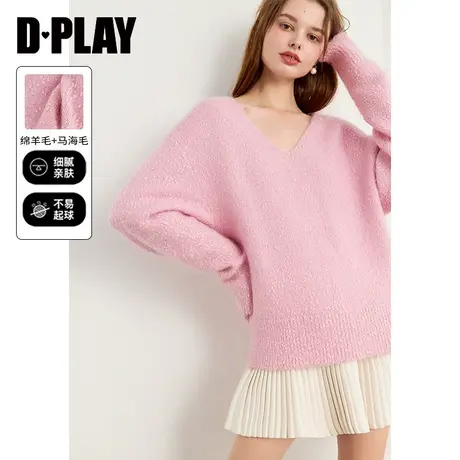 DPLAY【黑标】年冬装慵懒风粉色V领落肩长袖宽松针织衫图片
