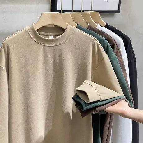 日系宽松绒德打底衫男士秋冬季半中高领长袖双面磨绒T恤保暖上衣商品大图