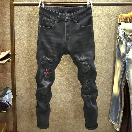 高街潮牌男士牛仔裤秋冬款修身显瘦长裤子黑色破洞贴布潮流小脚裤商品大图