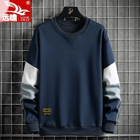 圆领卫衣男士春秋季潮牌宽松运动上衣套头衫撞色拼接休闲长袖T恤商品大图
