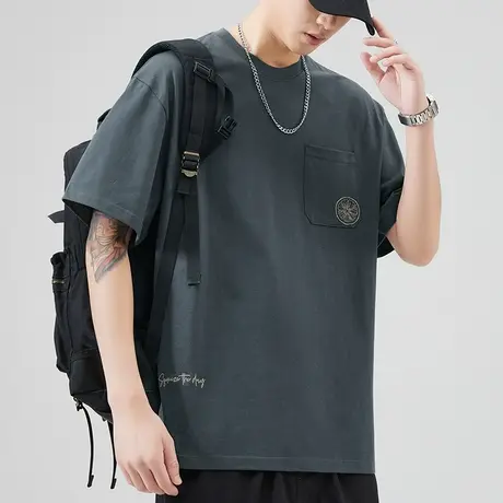 夏季纯棉t有口袋情侣装t恤男生圆领短袖体恤衫男士夏天无领上衣服商品大图