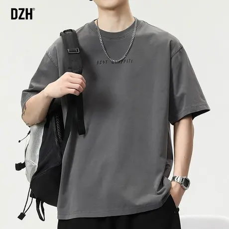 男士深灰色重磅t恤男潮牌短袖夏季圆领上衣纯棉体恤2025新款衣服商品大图