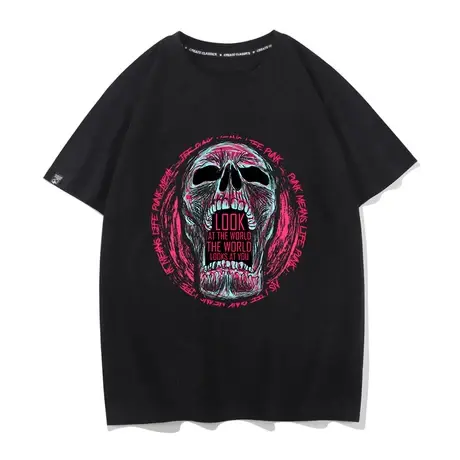 骷髅头t恤男暗黑风短袖t恤男ins国潮牌设计感字母涂鸦宽松上衣服图片