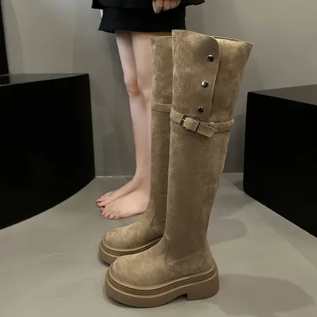 时尚两穿翻折厚底加绒长筒靴子女2023年秋冬季新款粗跟过膝骑士靴图片