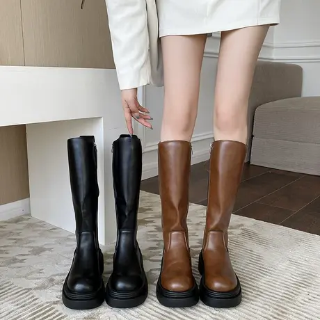长筒靴女2023春秋季新款小众设计感复古时尚瘦瘦靴粗跟厚底骑士靴商品大图