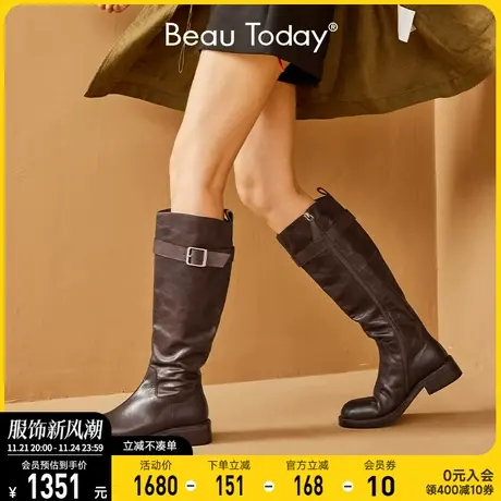 BeauToday长筒靴女秋季新款BT英伦风粗跟女鞋黑色真皮增高高筒靴图片