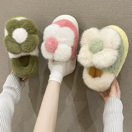 可爱花朵包跟棉拖鞋女冬季室内外穿毛绒月子保暖家用厚底防滑棉鞋商品大图