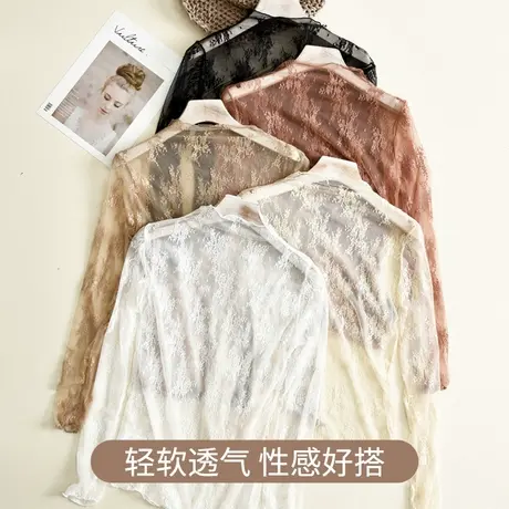 蕾丝打底衫女黑色网纱高领紧身长袖内搭性感上衣2021春秋新款小衫商品大图