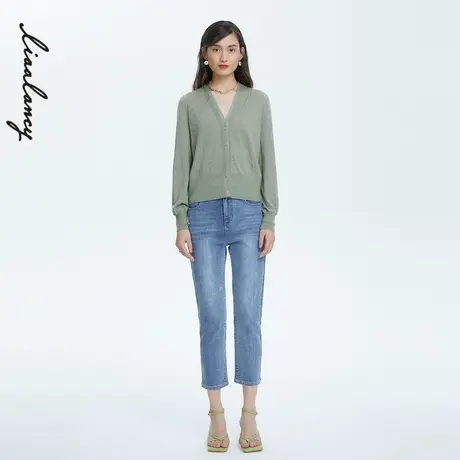 朗姿/LANCY商场同款22春夏奥莱V领针织开衫泡泡袖女士外套女正品商品大图