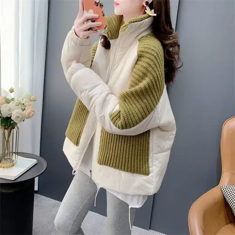 设计感针织拼接加厚棉服外套女秋冬2024新款宽松洋气百搭拼色上衣商品大图