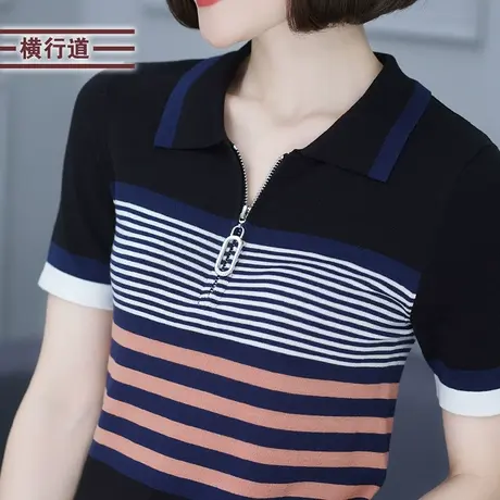 2024年新款半袖有领上衣女夏季拉链打底衫条纹针织衫中年妈妈短袖商品大图