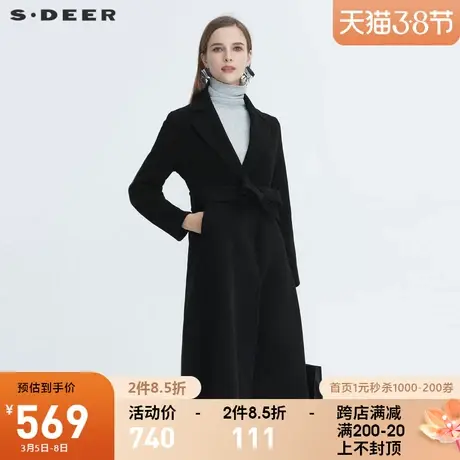 sdeer圣迪奥冬季女装休闲翻领系带收腰中长款毛呢大衣S20481827💀图片