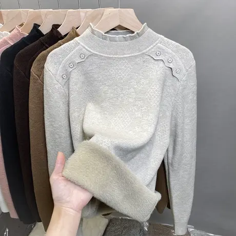 一体绒半高领毛衣女加绒厚打底衫2024秋冬新款蕾丝针织衫内搭上衣图片