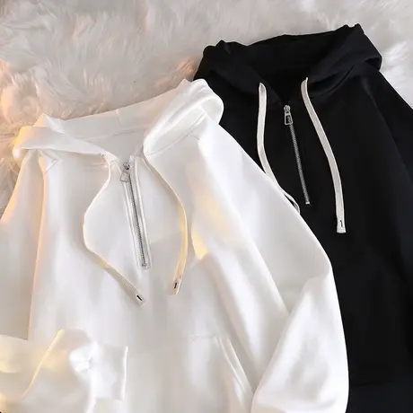 半拉链连帽卫衣女秋冬季加绒加厚宽松韩版长袖上衣套头外套潮ins商品大图