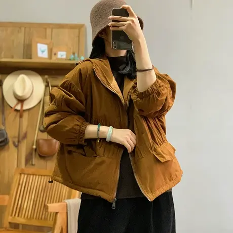 dza 复古休闲短款连帽棉衣外套女冬季新款宽松冲锋衣百搭棉服上衣商品大图