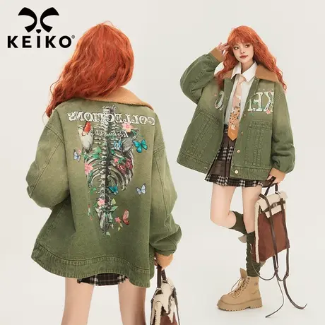 [毛绒内里]少年感渐变棕绿色牛仔外套2024春季复古印花夹克上衣商品大图