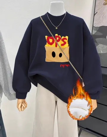 复古街头风藏蓝卫衣oversize大码加绒秋冬保暖外套ins半高领上衣商品大图