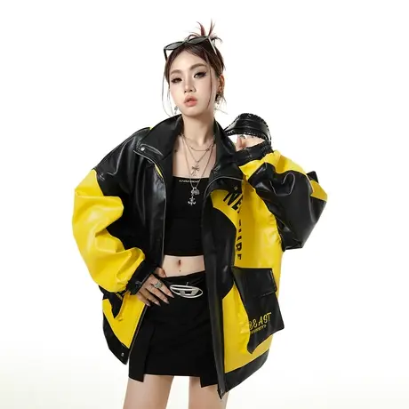 YEP复古拼接皮衣女2023新款春秋机车风pu皮夹克外套街头宽松上衣商品大图