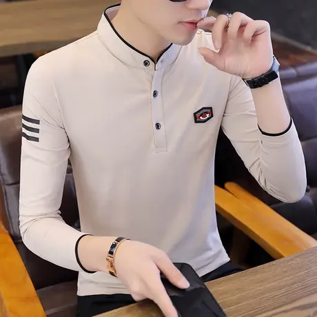 秋季纯棉立领POLO衫男时尚休闲刺绣徽章针织打底衫青年长袖T恤潮商品大图