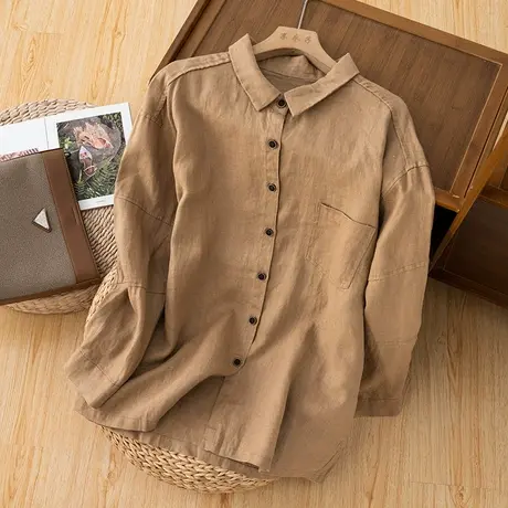 享永子长袖亚麻衬衫女文艺复古宽松显瘦棉麻衬衣上衣2023秋季新款图片
