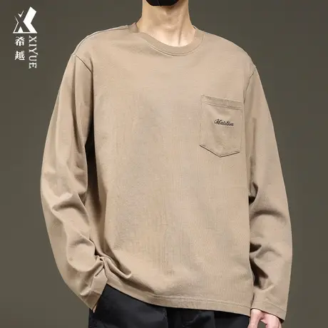希越300g重磅长袖T恤男2024春季新款宽松大码休闲男士圆领打底衫商品大图