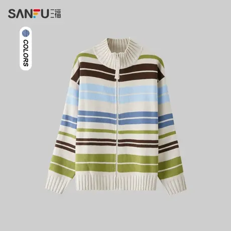 三福2024春季男士撞色彩色条纹毛衣 日系户外立领上衣男482309商品大图