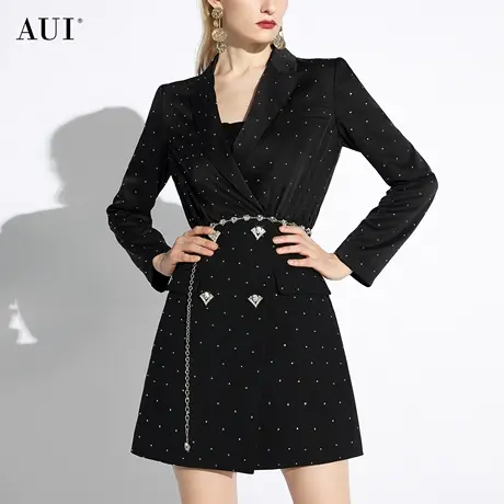 AUI黑色波点职业气质缎面西装外套女2024春新款中长款修身西服裙图片