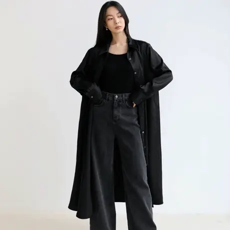 黑色新款小众设计感宽松长袖衬衫长款到脚踝空调衫时尚上衣女外穿商品大图