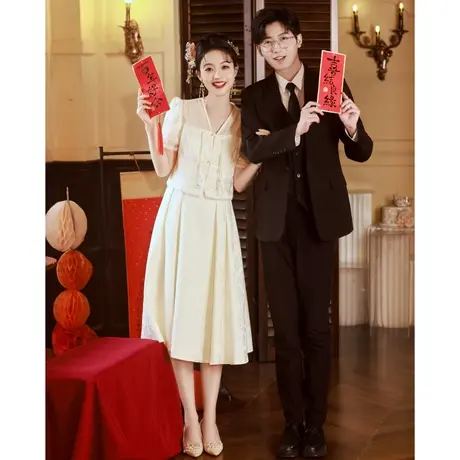 订婚小晚礼服新中式旗袍2024新款女夏季香槟色领证登记连衣裙套装商品大图