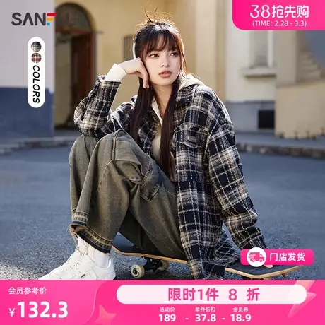 三福单外套2024新款秋冬季小个子休闲格纹宽松保暖上衣女装477273商品大图
