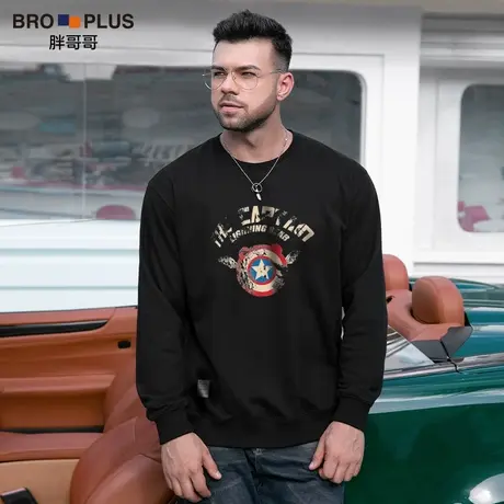 胖哥哥冬季圆领大码卫衣男加绒宽松休闲潮欧美风打底衫男加肥加大图片