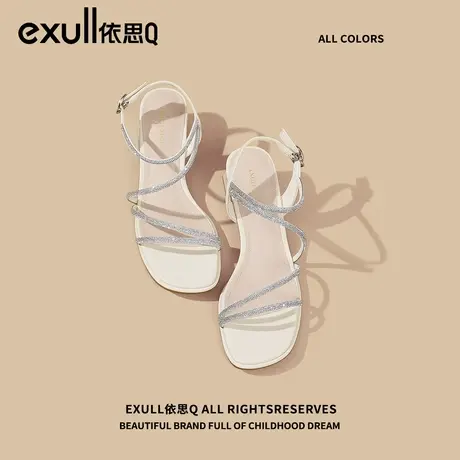 依思q法式仙女风罗马一字带凉鞋女款2024夏季新款水钻粗跟高跟鞋图片