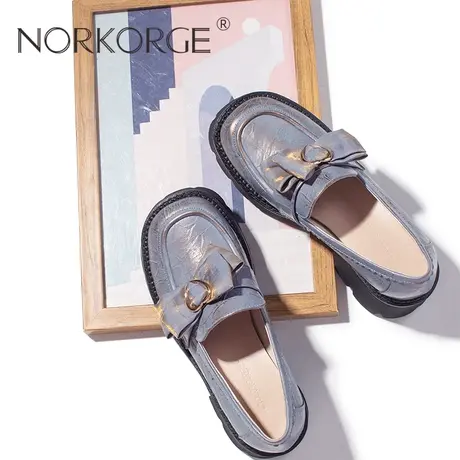 2024新款春复古文艺蓝金色JK乐福鞋女鞋真皮圆头粗跟厚底防滑单鞋图片