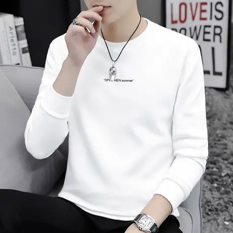 重磅纯棉长袖t恤男秋冬加绒加厚白色打底衫摇粒绒全棉内搭秋衣服商品大图