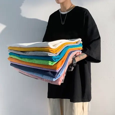 港风纯棉短袖t恤男ins潮流圆领半袖夏季打底衫纯色宽松潮牌上衣服商品大图