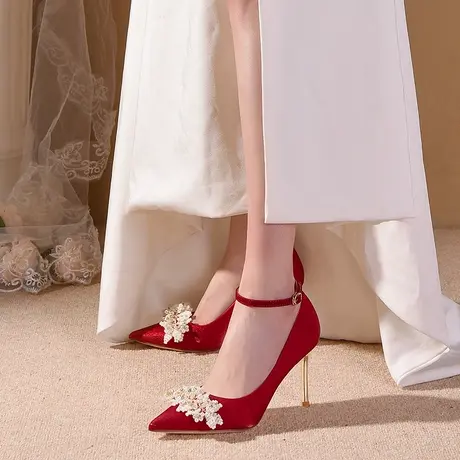 婚鞋红色秀禾新娘鞋2023年新款气质防掉绑带高跟鞋女不累脚高级感商品大图