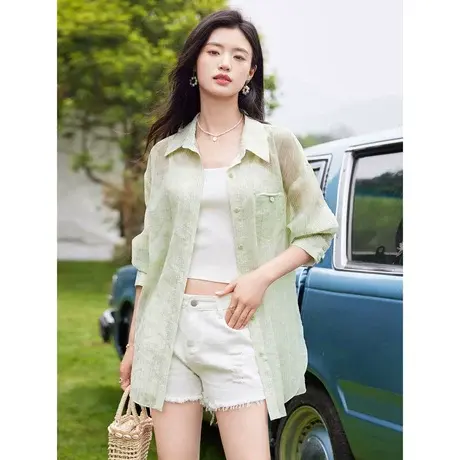 时尚气质遮阳短袖衬衫2023年夏季新款女士翻领宽松显瘦通勤上衣商品大图