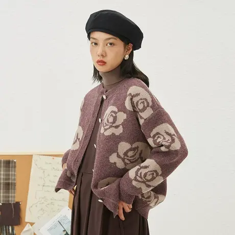 omont蛋挞家 复古玫瑰提花圆领北极绒毛衣女加厚针织开衫外套秋冬图片