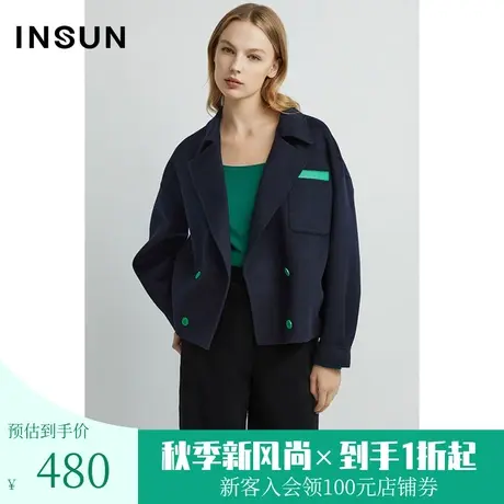 恩裳秋季简约撞色点缀垂坠感通勤纯羊毛毛呢外套商品大图