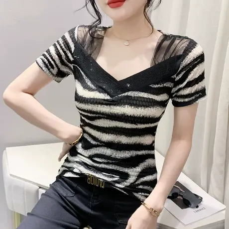 欧货网纱拼接短袖T恤女士网红同款性感V领烫钻上衣气质修身小衫夏商品大图