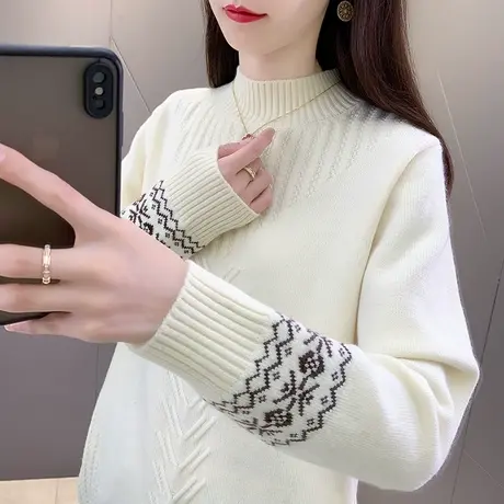 秋冬新款2023半高领夹色毛衣打底衫套头内搭女士针织衫洋气宽松商品大图