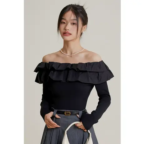 弥古黑色一字肩短款上衣性感露肩法式荷叶边针织衫高级感女2023秋商品大图