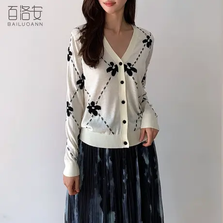 百洛安撞色提花羊毛针织衫女开衫上衣秋时尚V领宽松长袖毛衣外套商品大图