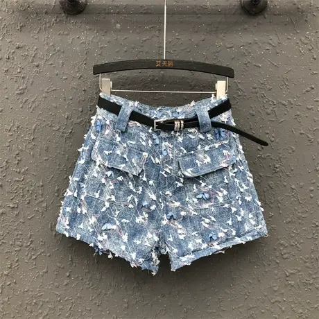 个性亮片牛仔短裤女夏新款重工立体蝴蝶高腰宽松显瘦阔腿热裤ins图片