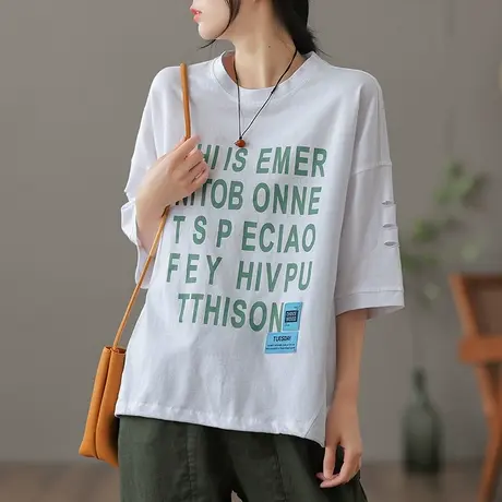 dza 复古白色宽松t恤女士夏季薄款半袖上衣短款纯棉打底宽松短袖商品大图